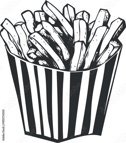 Black and white illustration of striped box filled with crispy French fries in fast food style