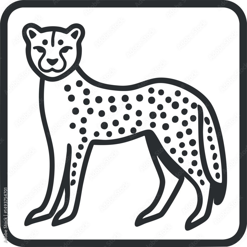 Fototapeta premium Black and white icon illustration of a cheetah with spotted fur standing in profile