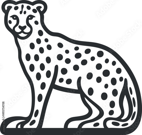 Black and white line art illustration of a sitting cheetah with distinctive spotted fur pattern