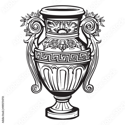 Detailed Black and White Decorative Vase Illustration, Decoration Vase drawing art vector