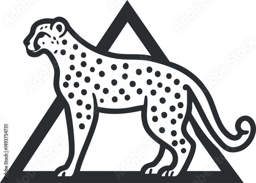 Stylized black and white cheetah silhouette with spots inside a triangle shape design