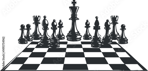 Black chess pieces arranged on a chessboard ready for a strategic game or competition