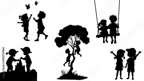 Kids Playing Silhouette Vector Set of Childhood Fun, Friendship, and Outdoor Activities