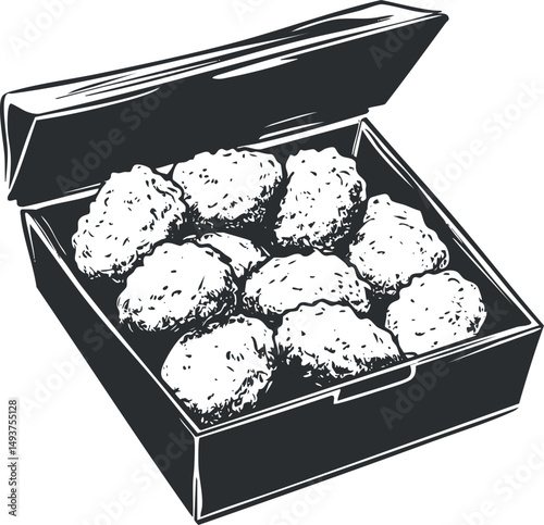 Black and white illustration of fried chicken nuggets arranged inside an open takeaway box ready to eat.