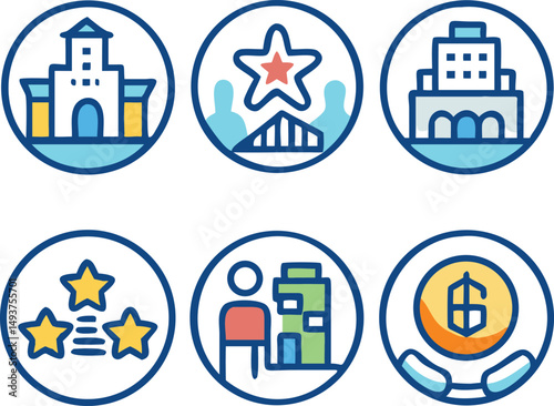 A set of six circular icons depicting various themes such as architecture and business concepts artfully