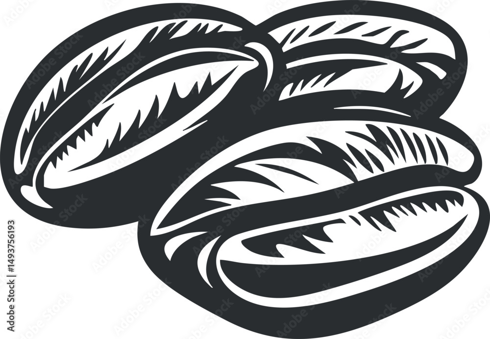 Black and white illustration of three coffee beans with detailed texture and shading Black and white illustration of three coffee beans with detailed texture and shading