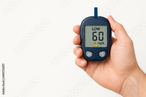 Close-up of hand holding a blood glucose meter displaying low blood sugar alert. concept of health monitoring, diabetic care, medical alert, insulin dependence, lifestyle management, white background