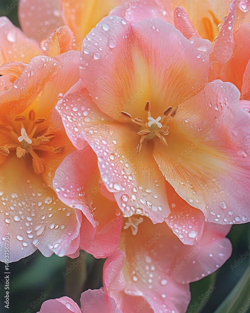 Fototapeta premium Dewy Peach Tulips Closeup.