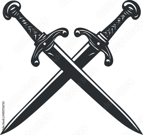 Illustration of two crossed medieval swords with detailed handles symbolizing combat and defense