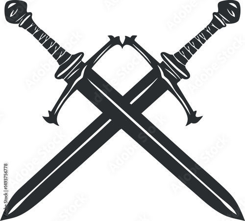 Black silhouette illustration of two crossed medieval swords with detailed handles and blades