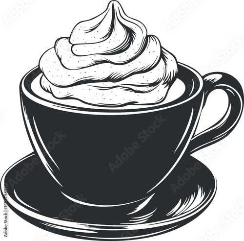 Black and white vintage illustration of a coffee cup with whipped cream on a saucer