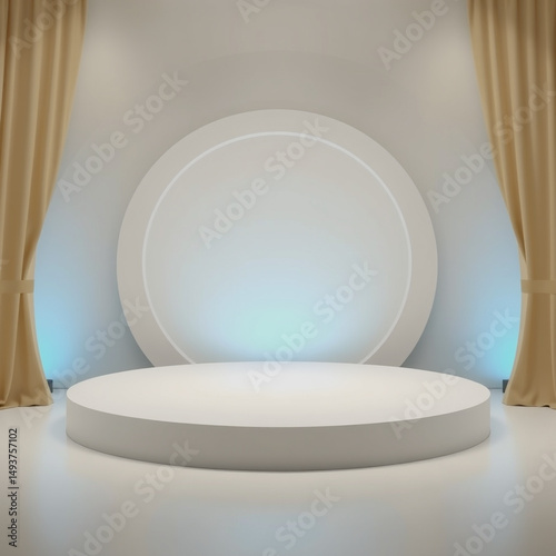 Elegant white product presentation stage with stage curtains and blue ambient lighting