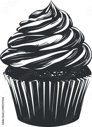 Black and white illustration of a cupcake with swirling frosting on top, perfect for dessert or bakery themed content.
