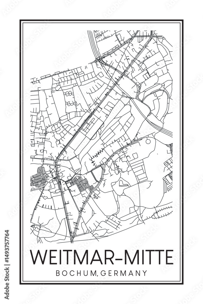 Naklejka premium Hand drawn printable downtown road map poster of borough WEITMAR-MITTE of the German city of BOCHUM on solid white background with city name