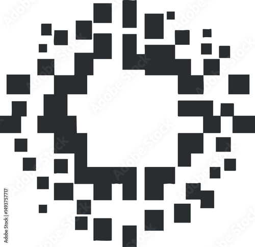 Abstract digital pixelated black and white pattern with fragmented square shapes in circular arrangement