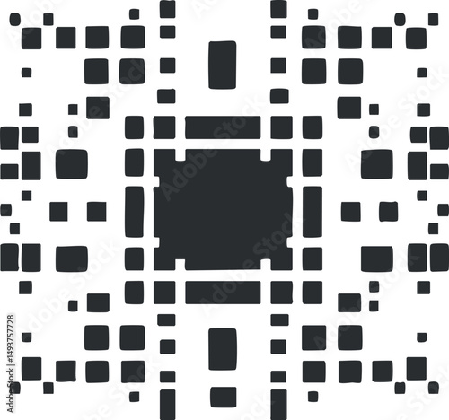 Abstract black and white geometric pattern with squares and rectangles arranged symmetrically