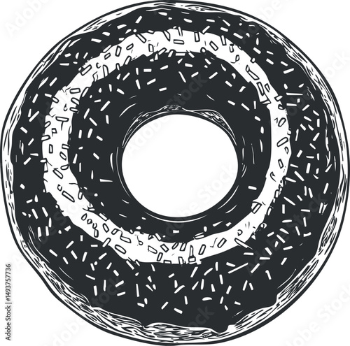 Black and white illustration of a circular donut with glaze and sprinkles, a sweet baked treat