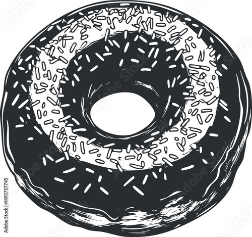 Black and white illustration of a round donut with glaze and sprinkles, a sweet baked dessert treat.