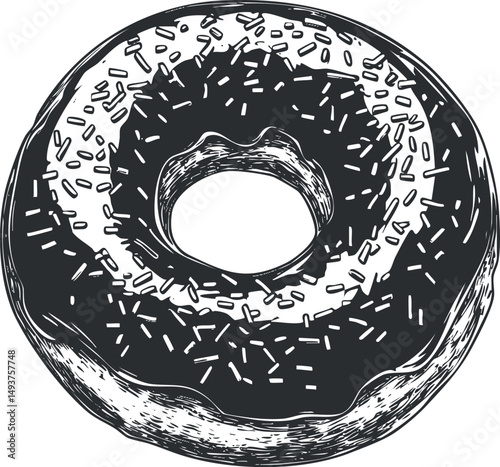 Black and white sketch of a round donut with glaze and sprinkles, perfect for bakery or dessert illustration