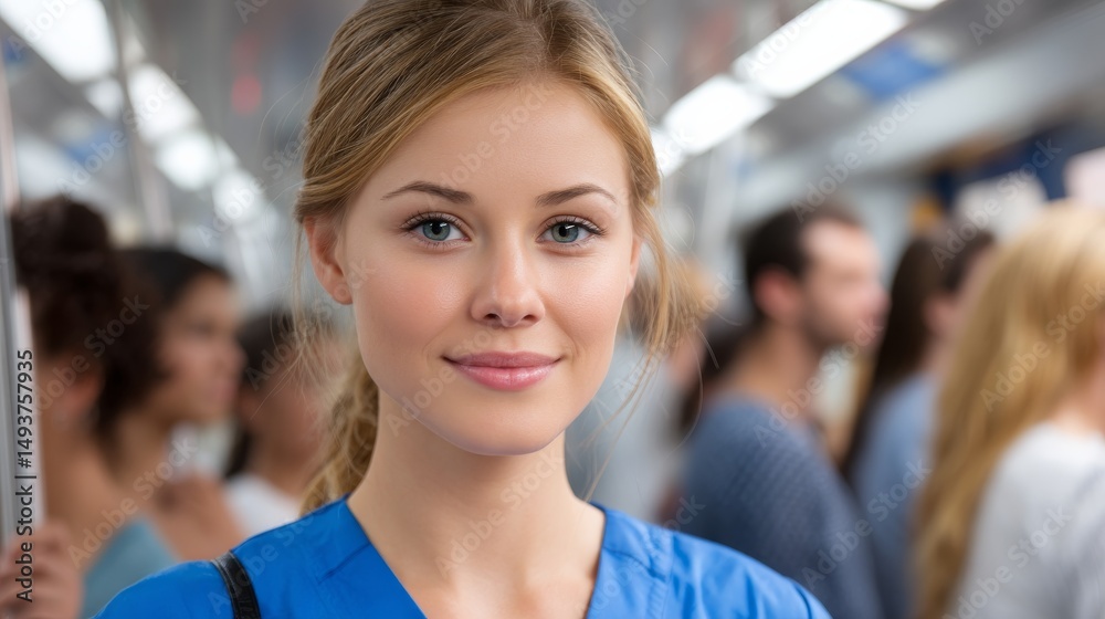 Obraz premium Young Nurse in Scrubs Standing Confidently in a Subway Train Surrounded by Commuters