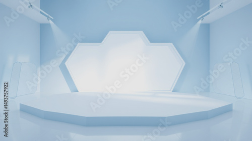 Empty modern stage background with lights and geometric structure for presentation or exhibition