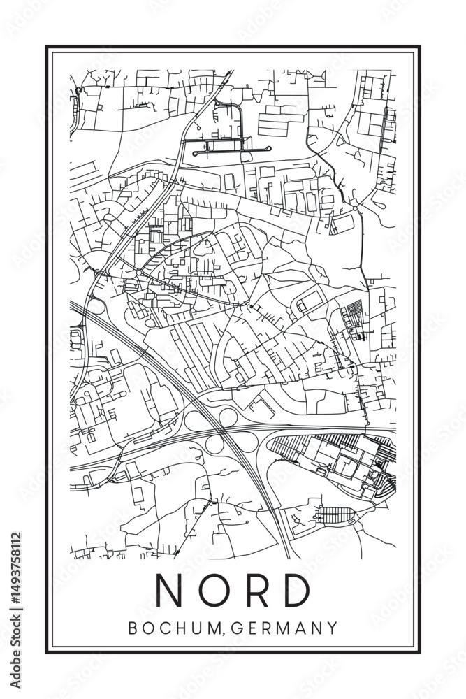 Hand drawn printable downtown road map poster of borough NORD of the German city of BOCHUM on solid white background with city name Hand drawn printable downtown road map poster of borough NORD of the German city of BOCHUM on solid white background with city name