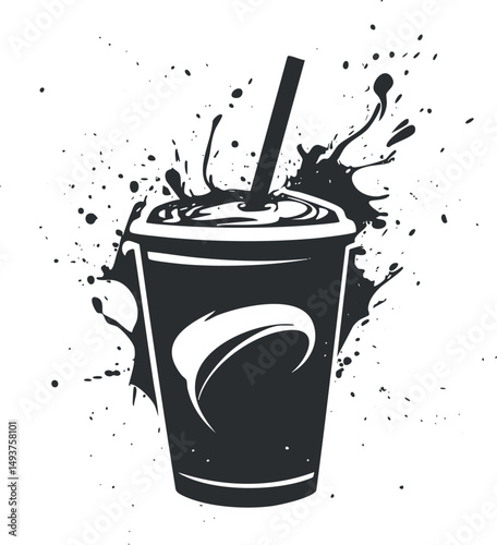 Black and white stylized illustration of a cold drink cup with splash and straw on white background