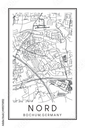Hand drawn printable downtown road map poster of borough NORD of the German city of BOCHUM on solid white background with city name