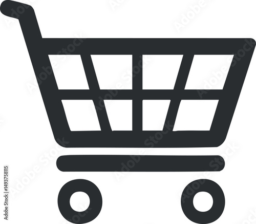 Simple black shopping cart icon with handle and wheels representing retail and consumer purchase