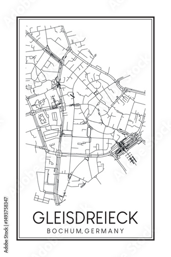 Hand drawn printable downtown road map poster of borough GLEISDREIECK of the German city of BOCHUM on solid white background with city name photo