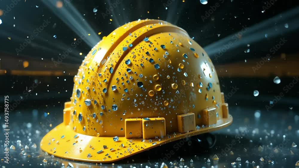 Yellow construction helmet covered in diamond fragments casting prismatic light rays