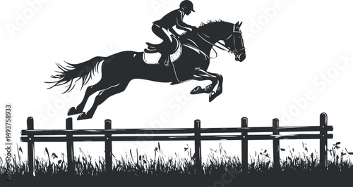 Silhouette of a rider on a horse jumping over a fence in an outdoor equestrian event