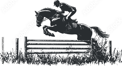 Silhouette of a horse and rider jumping over a fence in an equestrian showjumping event outdoors