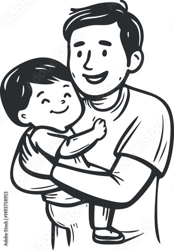 Black and white illustration of a father happily holding and hugging his smiling baby boy