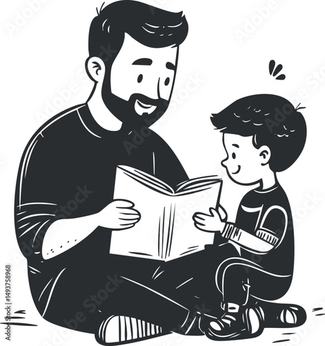 Father and son sitting together reading a book in a loving and educational moment