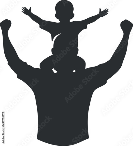 Silhouette of a father raising his child on shoulders with arms raised in joyful celebration.