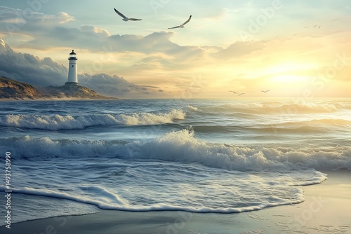 Lighthouse on a Small Island with Crashing Waves