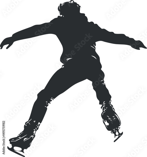 Silhouette of a person ice skating in motion with arms outstretched on white background