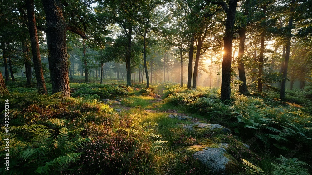 Obraz premium The sun illuminates the verdant forest, casting light through the towering trees and dappling the ground with shadows of ferns and other foliage on this glorious