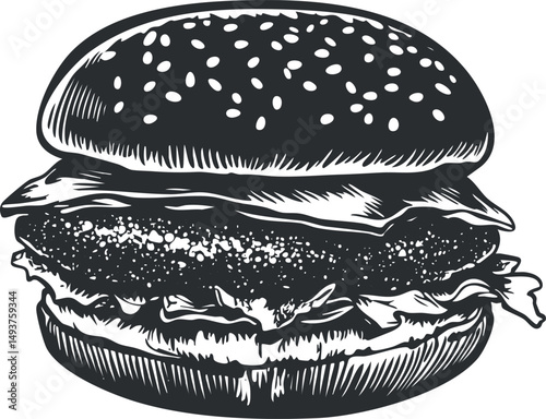 Black and white illustration of a classic cheeseburger sandwich with lettuce and sesame seed bun