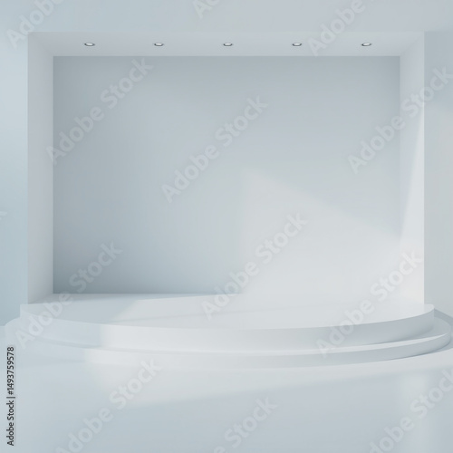 Empty white studio with stage and lighting suitable for product display and presentation