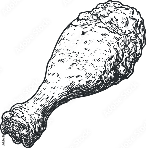 Black and white hand drawn illustration of a fried chicken drumstick isolated on white background