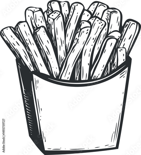 Black and white hand drawn illustration of crispy French fries in a container for fast food or snack.