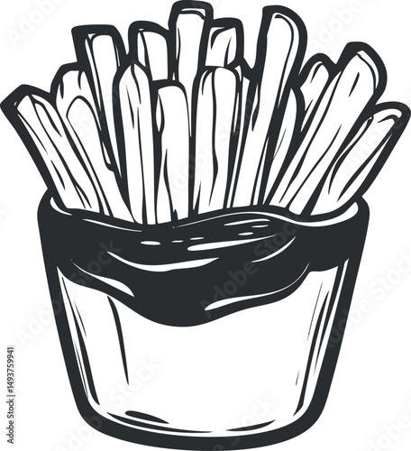 Black and white illustration of crispy french fries in a container, perfect for fast food or snack concepts