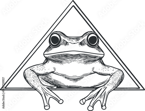 Black and white detailed illustration of a frog with large eyes sitting inside a triangle frame