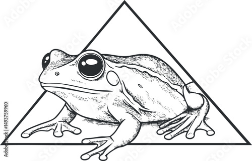 Black and white vector illustration of a frog sitting inside a triangle shape, detailed line art
