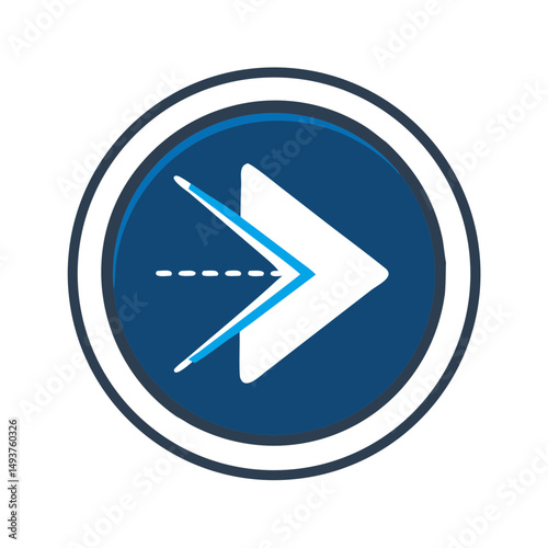 Blue arrow icon with dashed direction line and circular frame