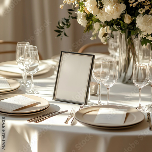 Close-up of Table Frame Mockup on Elegant Round Table with White Tablecloth in Restaurant Interior. Ideal for showcasing table numbers, names, menu cards, or QR codes. Perfect for wedding mockups, eve