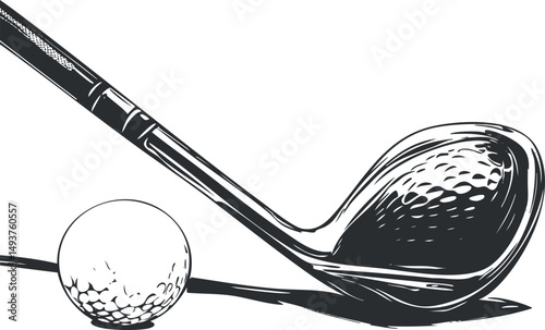 Black and white illustration of a golf club and golf ball positioned for a shot on a white background