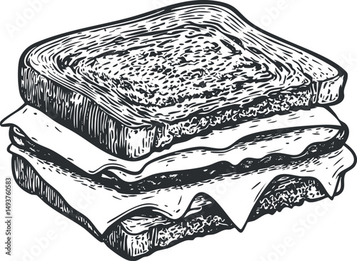 Black and white hand drawn illustration of a toasted sandwich with cheese slices, classic lunch food